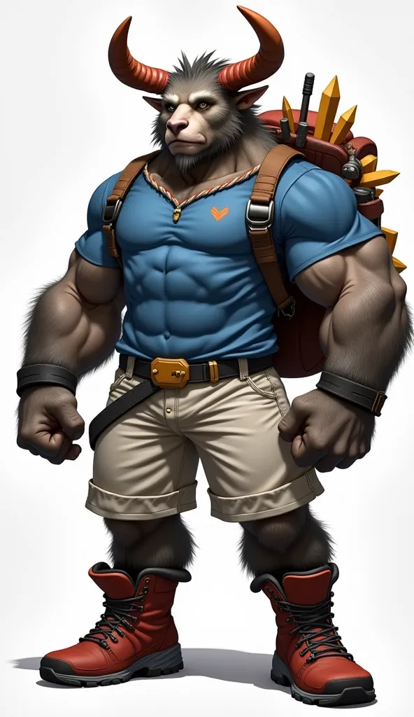 L'image représente un personnage anthropomorphe musclé avec des traits de taureau. Il a une fourrure sombre, des cornes imposantes avec des pointes cristallines rougeâtres, et un regard confiant. Il porte un t-shirt bleu ajusté avec un écusson, un short bl...