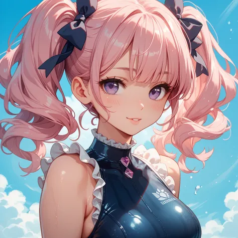 Bust-enhancing swimsuit

Beautiful anime girl, pink hair, purple eyes, sexy swimsuit, bust-emphasizing design, frilly details, healthy skin glow, slightly blushing expression, bright and cheerful, fluffy anime-style, no background, transparent background