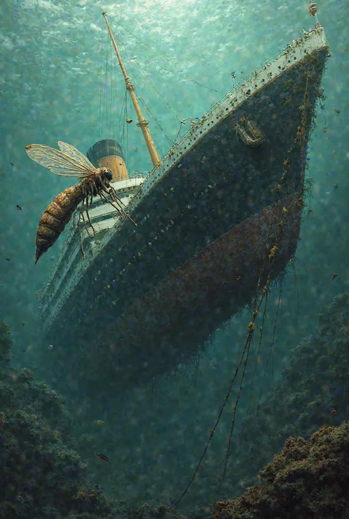 A mosquito pulling up the Titanic at the bottom of the sea  