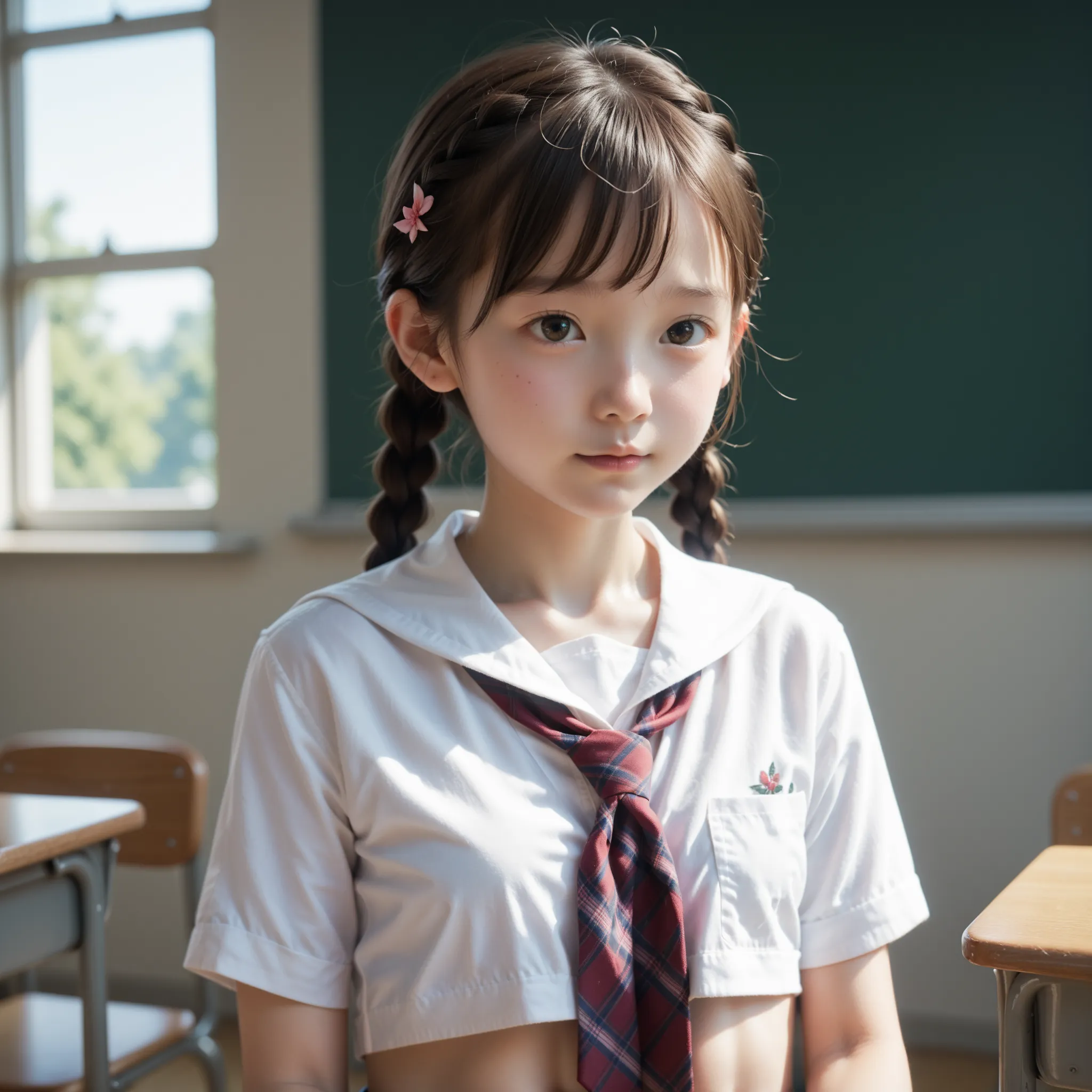  score_9,  score_8_ up,  score_7_ up,cute girl,sunlight, school uniform, braids,thin,slender,thin body,younger,young cute girl,( white skin:1.0),toddler body,SCHOOL CLASSROOM,Cum On,bra