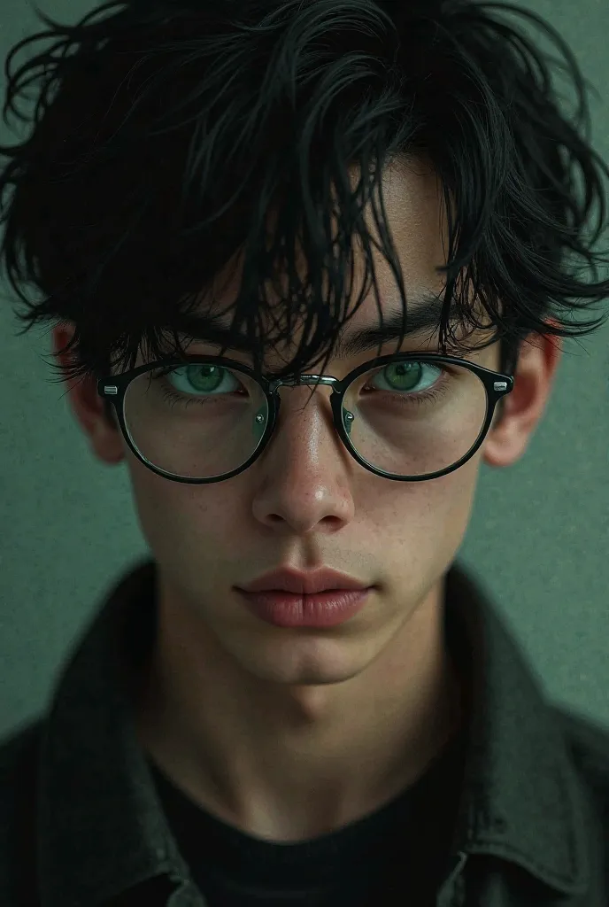 23-year-old man with disheveled black hair with green eyes and thin transparent glasses with intimidating masculine eyes 