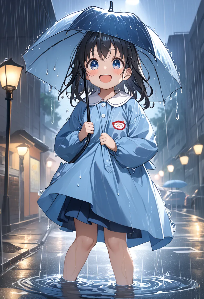 absurd, ５age, Kindergarten Mom Clothes, blue smock,  dark blue skirt ,  cute, Heavy Rain, It's raining really hard, wet, Street lamp, Lively, fun,   best smile,  wetスモックを着て , Water-wet Smock, wet,  wet skirt, Clothes that get wet and darken, 