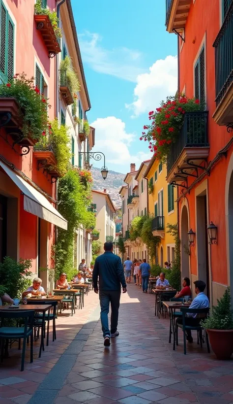  Viewpoint of someone walking through narrow streets of an ancient European city, with colorful buildings, flowered balconies and a clear blue sky. The scene is vibrant, with details of historic architecture and people sitting in cafes in the background." ...