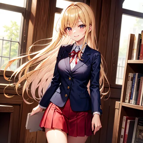 A blonde high school girl with long hair, wearing a navy blazer over a sailor uniform, a red skirt, and a red ribbon, is smiling as she returns a book at a library during twilight. Her eyes are strikingly red, reflecting the warm glow of the evening sun st...