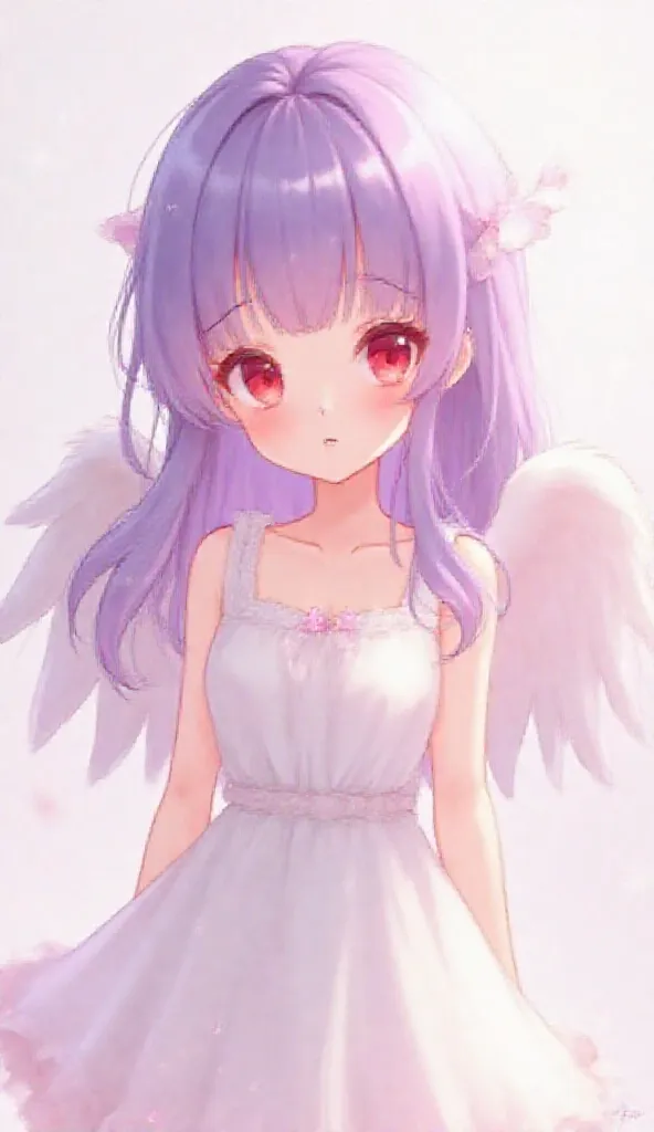 cute female angel，2D Anime Character Edition，Purple long hair，Bright red eyes，Adult Full Body Figure，The mouth is very small，Super fair skin，The expression is super shy