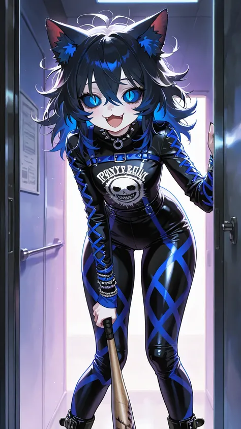 girl focus, solo girl, curvy body, messy hair, slit pupils, dark-blue sclera, multi-colored vinyl bodysuit, punk fashion, :3, iron corridor, crazy eyes, happy laughing, cat ear fluff, holding a baseball-bat, hunched over, feet out of frame, looking at view...