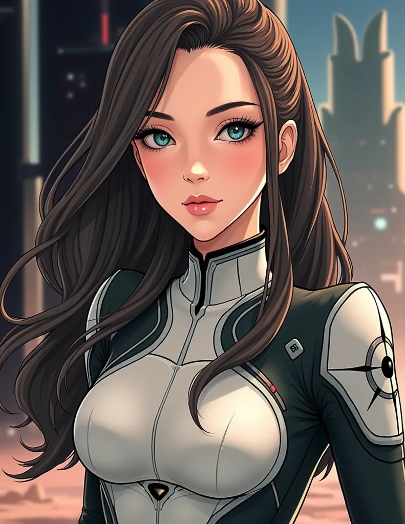  Brunette woman , heroina, vertical image, futurist,  panoramic, maximum quality, best quality, extremely detailed, colorful, more detailed ((ultradetailed)), (Highly detailed CG illustration), ((extremely delicate and beautiful)),(sideways), cinematic lig...