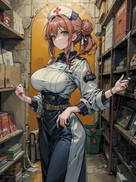 cowboy shot, large breasts, narrow waist, red hair, short hair, wavy hair, half updo, Nurse uniform, 