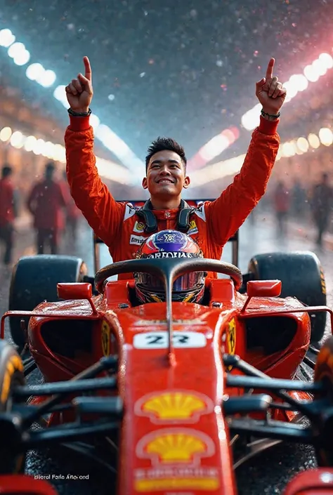 a Formula 1 driver, Asian with brown skin, with shaved hair, celebrating the victory inside his F1 car, with the helmet still on the head, pointing upwards