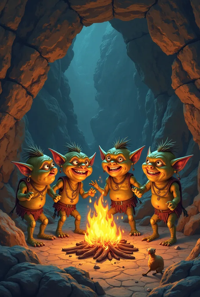 4 fat big headed goblins in a cave excited about fire