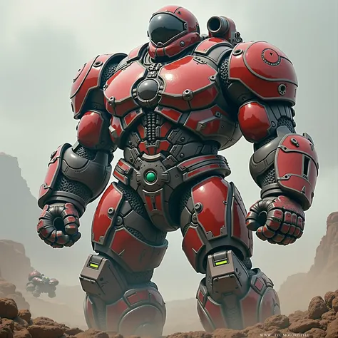 Un Juggernaut, a very muscular and gigantic guy,  approximately 3 . 50 meters high ,  wearing futuristic armor /warrior, with astronaut-style helmet and with a red and black pattern where red predominates, reactor on his chest, very large forearms and big ...