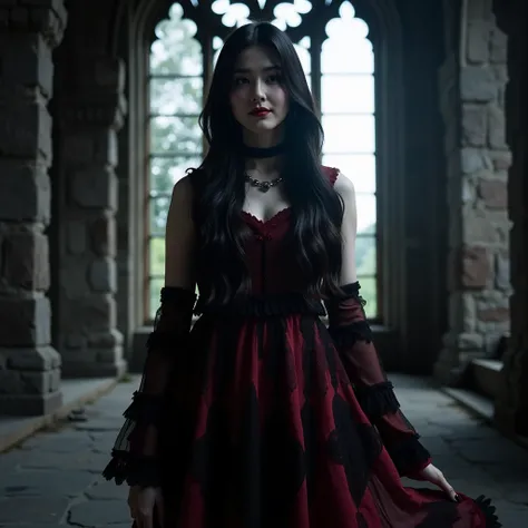 A hauntingly beautiful Japanese woman with long black hair, wearing a dark gothic dress with blood-red accents and a dramatically flowing long flare skirt. Her pale skin and crimson lips contrast against her deep, shadowed surroundings. She stands in an an...