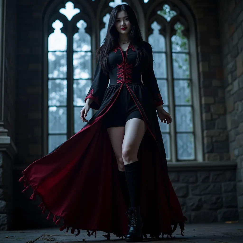 A hauntingly beautiful Japanese woman with long black hair, wearing a dark gothic dress with blood-red accents and a dramatically flowing long flare skirt. Her pale skin and crimson lips contrast against her deep, shadowed surroundings. She stands in an an...