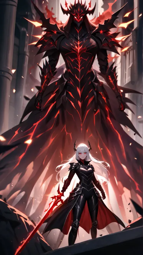 The female of the demon race, a fire demon knight, red-eyed and white-haired, wears a cool knight outfit covered, and holds a sword. beautiful and cool. 