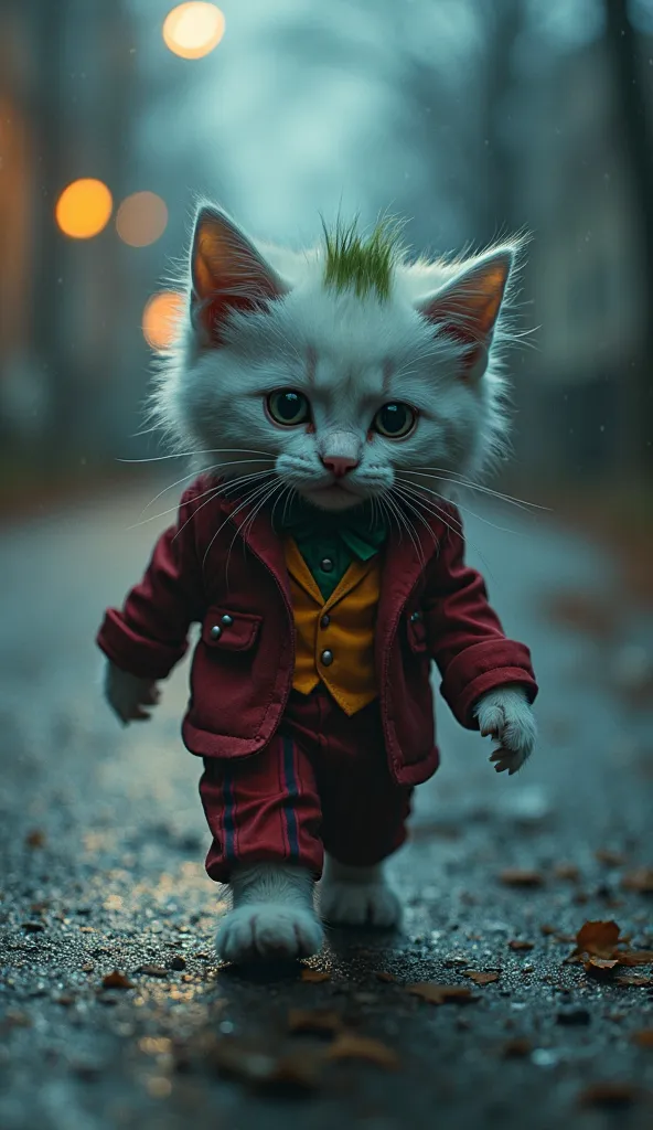 A fluffy white and black kitten in joker from batman clothes, joker make up, walking in the night on the road, sad, just fired from his job, laughing