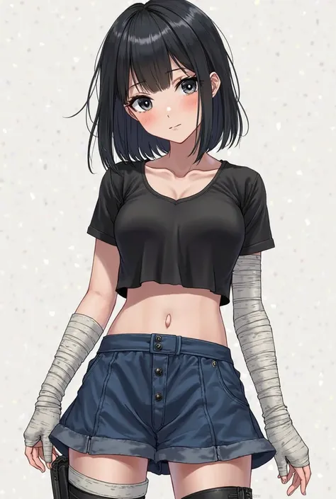 A realistic anime-style woman with waist-length black hair with dark black eyes, a black navel t-shirt that reveals the small waist under the shirt, the torso covered with bandages as well as on the forearms and gloves on my hands with bare fingers, a blue...