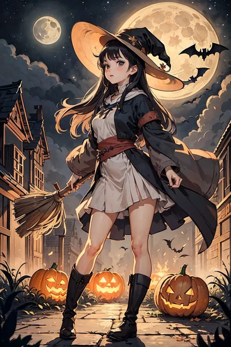 tmasterpiece，best qualtiy，ultra - detailed，illustratio，Halloween，1girll，solo，fanciful，flight，broom，nigh sky，exteriors，Jack-o'-lantern，Confectionery，magie，incantation，themoon，As estrelas，​​clouds，wind，the hair，cloaks，bucket-hat，Boots，broom，Glow，mistic，caris...