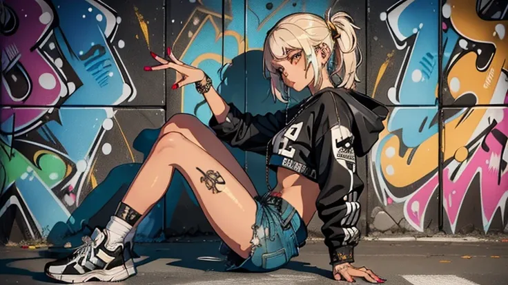 Back Alley Girl, (Super Detailed), (8k), ((Hip Hop Fashion)), (Graffiti Wall), (Full Lesbian), (Highly Detailed Face), (Detailed Feet), (Detailed Hands), (Cool Face), (Sitting With Knees Up), (Hands On Knees), Brass Band, ((Hip Hop Fashion))