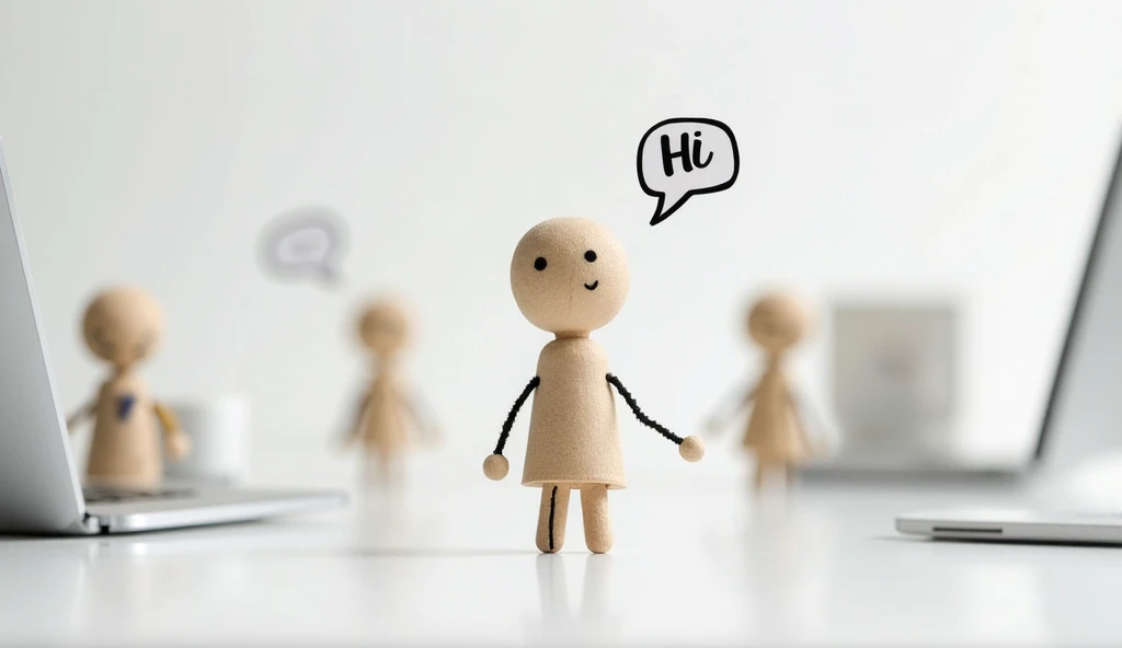 A stick doll in an office environment, with other dolls around. One doll is talking (dialogue bubble with 'Hi'), and another seems uninterested. White background with light gray details to suggest a table or computer."