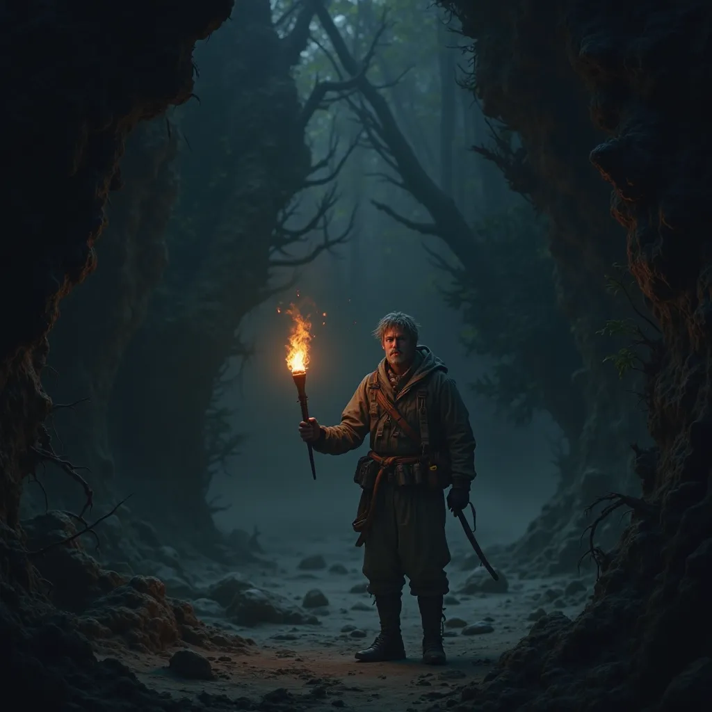 A lone explorer holds a torch, but its flame vanishes into the surrounding darkness. Shadows loom around him, their presence overwhelming. The atmosphere is suffocating, and the explorer's expression is one of realization and dread. Dark fantasy, ultra-det...