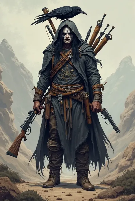 Indian gunslinger 20-year-old man , black hair and long,  wearing a cover, with black and white face paint covering the entire face, a bow, 2 Machado, 1 rifle in the back and 2 solve one on each side at the waist and a stuffed crow on the head facing forwa...