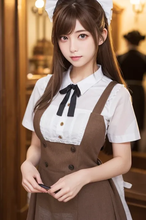 highest quality, masterpiece, 8k, Ultra-high resolution, (Realistic: 1.4), 1 girl, Beautiful Face, Symmetrical eyes, big, Perfect Body Proportions, ((Long Hair))、((Brown Hair:1.5)), Maid、((ゴスロリ風Maid服:1.4)), Viewer&#39;sight, ((Coffee shop、Blurred Backgroun...