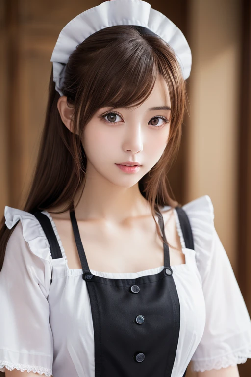 highest quality, masterpiece, 8k, Ultra-high resolution, (Realistic: 1.4), 1 girl, Beautiful Face, Symmetrical eyes, big, Perfect Body Proportions, ((Long Hair))、((Brown Hair:1.5)), Maid、((ゴスロリ風Maid服:1.4)), Viewer&#39;sight, ((Coffee shop、Blurred Backgroun...