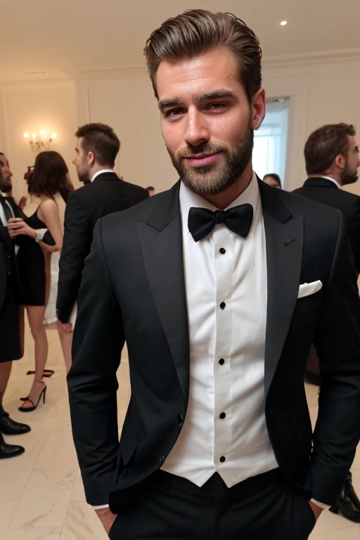 extremely handsome and very sexy 30-year-old hairy man in a very elegant black suit at a party