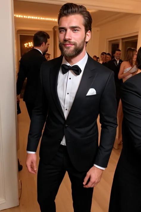 extremely handsome and very sexy 30-year-old hairy man in a very elegant black suit at a party