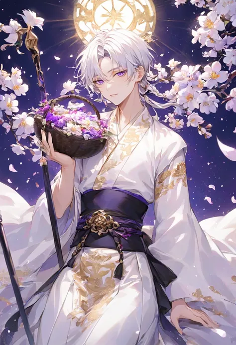 "A serene yet mysterious atmosphere envelops him. His appearance is youthful and elegant, with pale skin and long, silken white hair, intricately braided with a few loose strands framing his face. He wears a traditional hanbok-style outfit, but in deep, en...