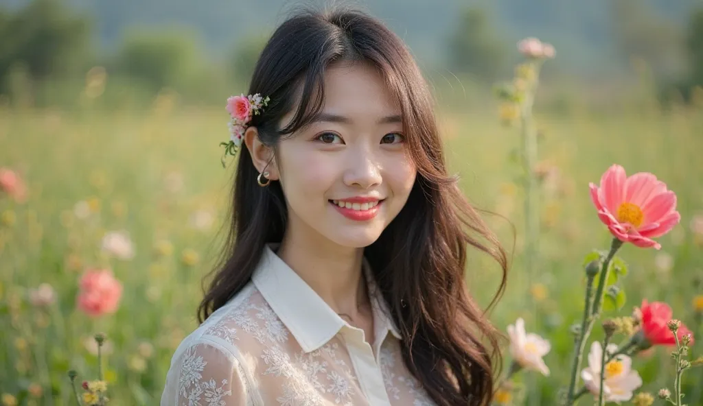 A photo of a young l, Slim-fat a bit Chinese woman with black long highlights a bit Gold color, her stand on flowers farm and portrait background green natural, her smile a bit and focus on the camera, her hair decorations a bit flowers 