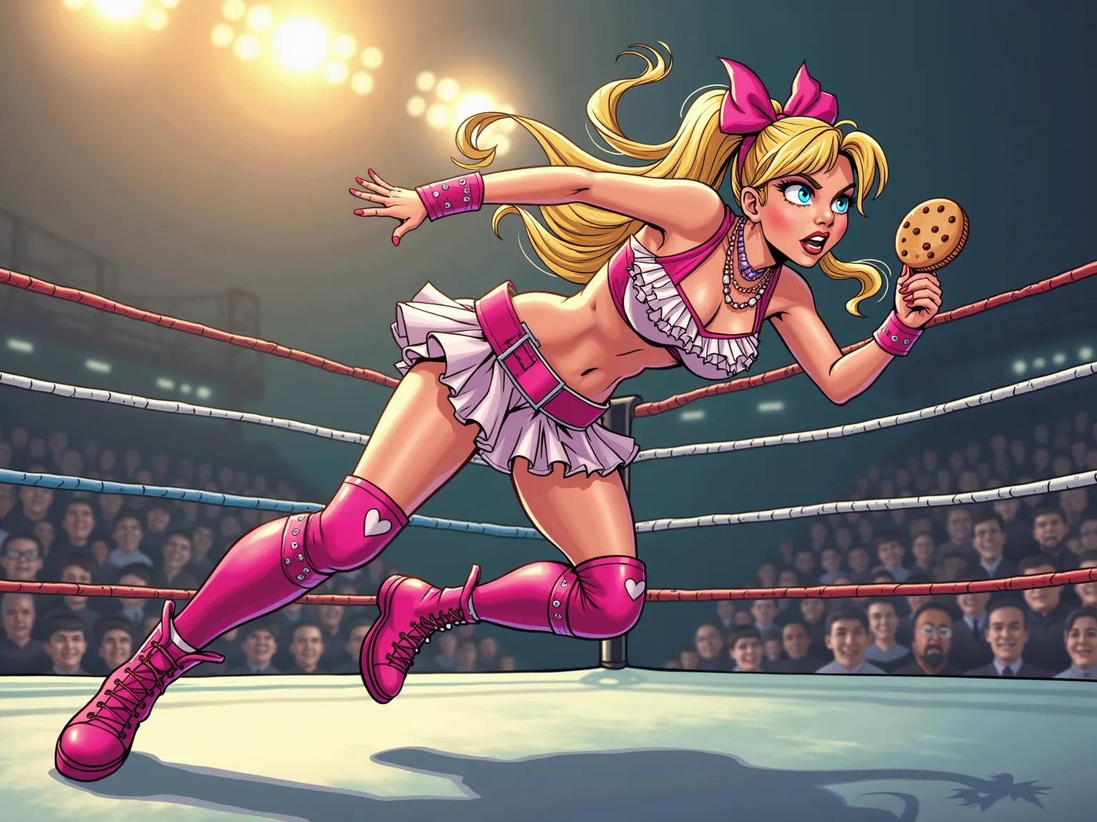 Comic Book Style, Dynamic Side View Shot (Viewer Positioned at Ringside, Slightly Low Angle for Emphasis on Movement)

A wrestler moves swiftly, ducking under an attempted strike, her body leaning forward with agility.

Hair flows behind her, capturing the...