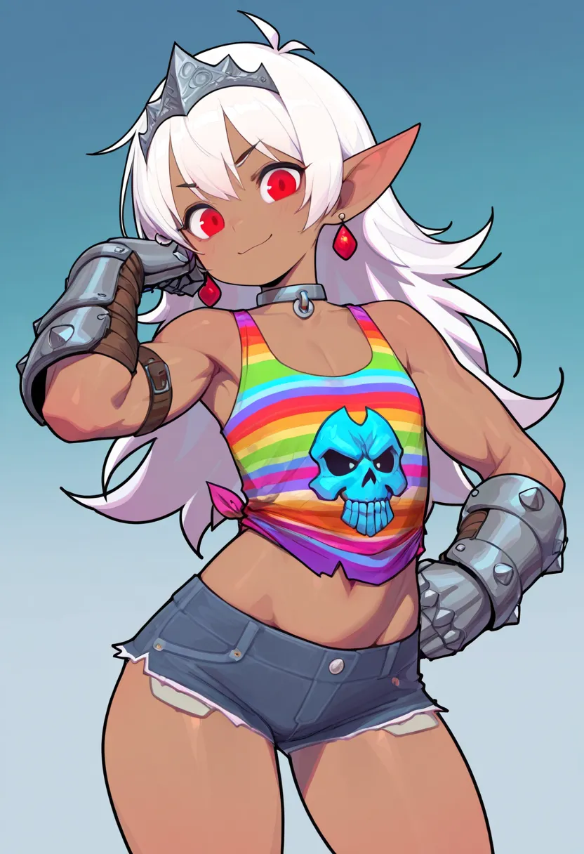 gorgeous DnD gnome girl, short stature, short girl, badass girl, pointy ears, loli, A-Cup breasts, long hair, white hair, vibrant red eyes, dark skin, athletic tomboy, Barbarian girl, muscled girl, colorful shirt top, cute and adorable, sexy pose, curvy bo...