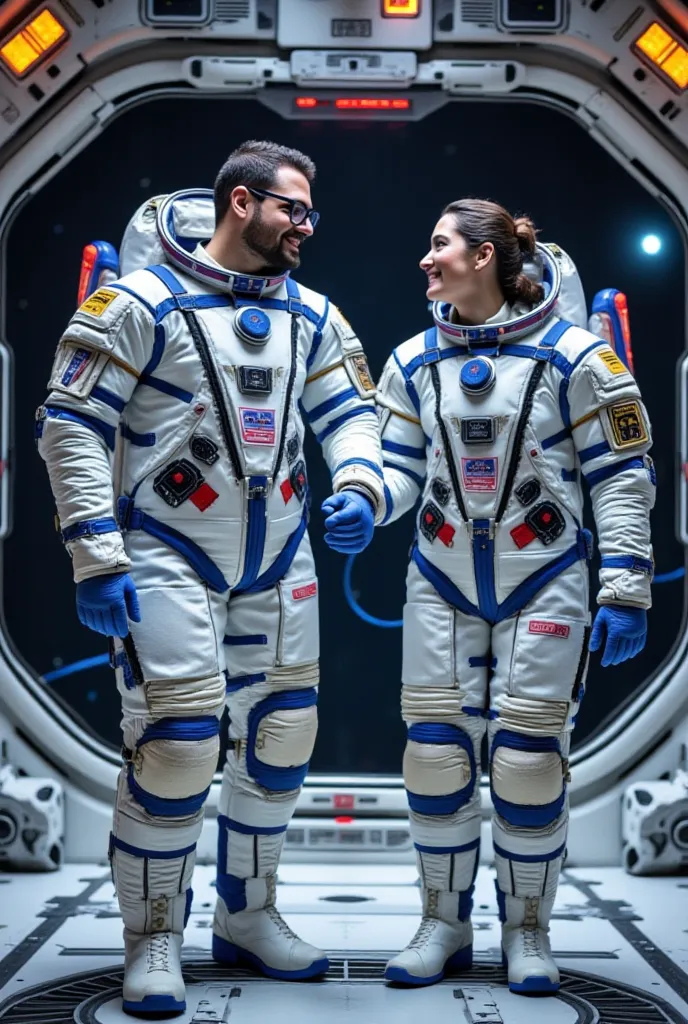 A 27 years old ,matured, American white woman with A plus size body size,fitted body, ivory white round-shaped face.

 She and her husband. They hold hands while floating in zero gravity, laughing as they adjust to weightlessness.

✅ Outfits: Matching astr...