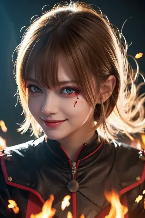  1 girl,  flying hair,  red eyes, Fire Witch , Blood on face,  Light Particles , Lightning rays,  wallpaper,  colorful,  high contrast , ,  smirking ,  , psychopathic  smirking ,  Psychopath Smile ,  tilting your head 