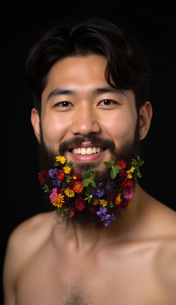 Prompt text to image: a portrait of a Korean Man , beard, short messy hair,Inviting smile. One of the most handsome men adorns the beard with lots of small flowers that are colorful and shirtless.,short hair. The background is dark, which enhances the brig...