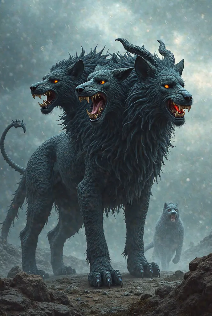 A terrifying hybrid creature called 'Shadow King Cerberon,' a fusion of a Cerberus, a Lion, and a Dragon. It has three heads: one of a majestic Lion with a flowing mane, one of a fearsome Dragon with sharp horns, and one of a powerful Wolf with glowing eye...