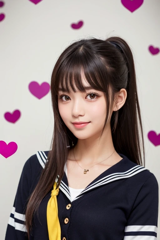 ,  1 girl, Alone,  tea hair, heart,   hair ornament,  school uniform ,  side ponytail , smile,  viewers,  neckerchief ,  upper body, heart   hair ornament,  cardigan, Sailor color, Sera Clothing, black Sailor color, bangs,  yellow eyes,  Closed Mouth,  lon...