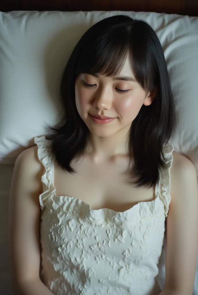 lying on the bed、A woman covering her body with a sheet、 Hair, medium hair, Disheveled Hair, chest,  sharpen your mouth, chest, with closed eyes, chest, 