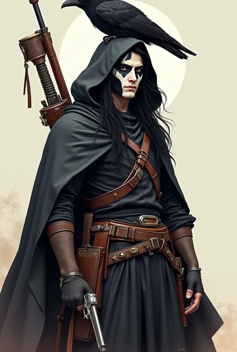 Indian gunslinger 20-year-old man , black hair and long,  wearing a cover, with black and white face paint covering the entire face, a bow, 2 Machado, 1 rifle in the back and 2 solve one on each side at the waist and a raven stuffed in the head looking for...