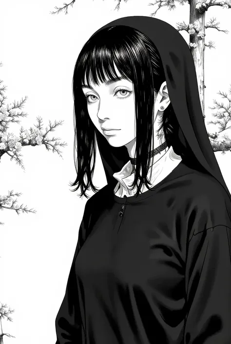 A Nun she is in front ,With a sad look at it a serene look,( black and white manga art style)