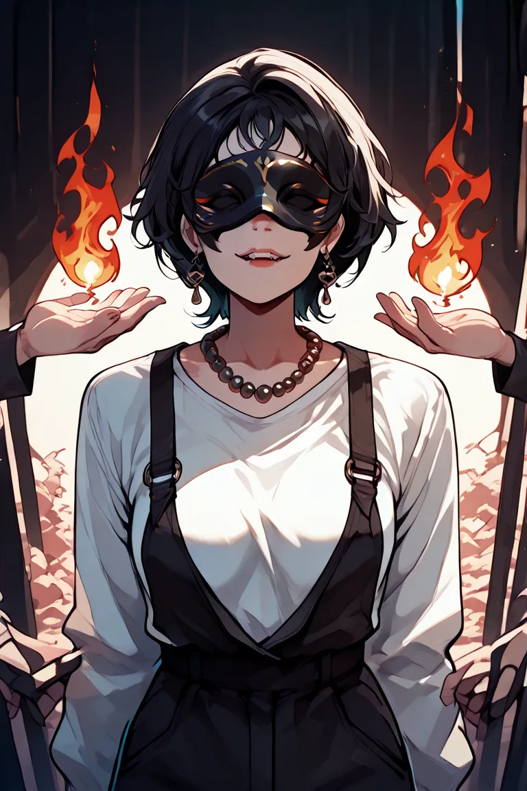  a girl, long hair, black hair ,  powers of fire and ice ,  Hair over eyes,  breasts, crystal earrings,  smile,  black eyes , fangs, around a fantasy ice landscape, pearl necklace, fox mask, 