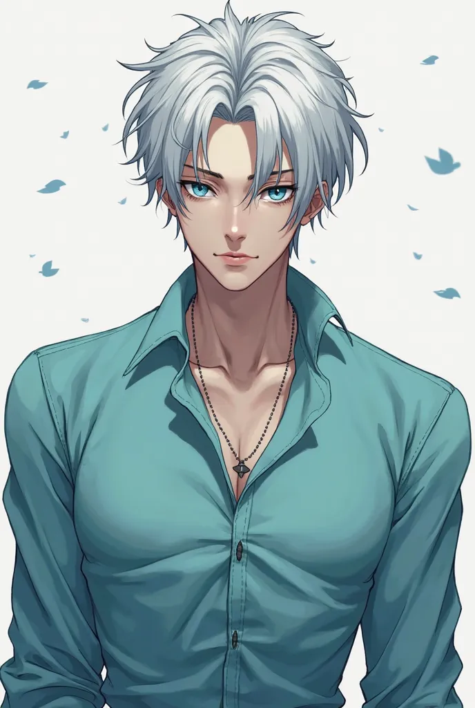 A anime guy with white hair, very dark aqua eyes, and a elegant cyan shirt, With a Serius expresion and a medium fisic in a prader
