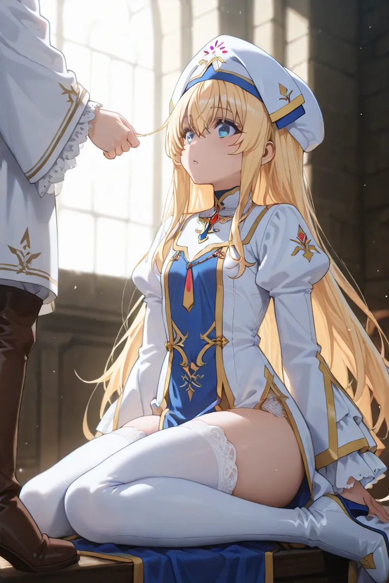 priestess, blonde hair, blue eyes, long hair, hair between eyes,
boots, dress, frilled sleeves, frills, hat, white headwear, pelvic curtain, high heels, robe, thigh boots, thighhighs, white thighhighs, long sleeves, puffy sleeves,