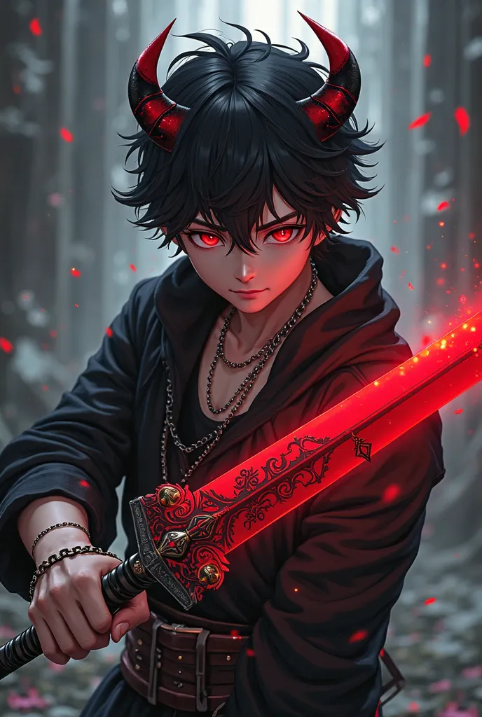 anime guy with black short hair, with small red-black horns, in black clothes, with metal chains on his neck and with bracelets on his hands, holding a large two-handed red sword with patterns