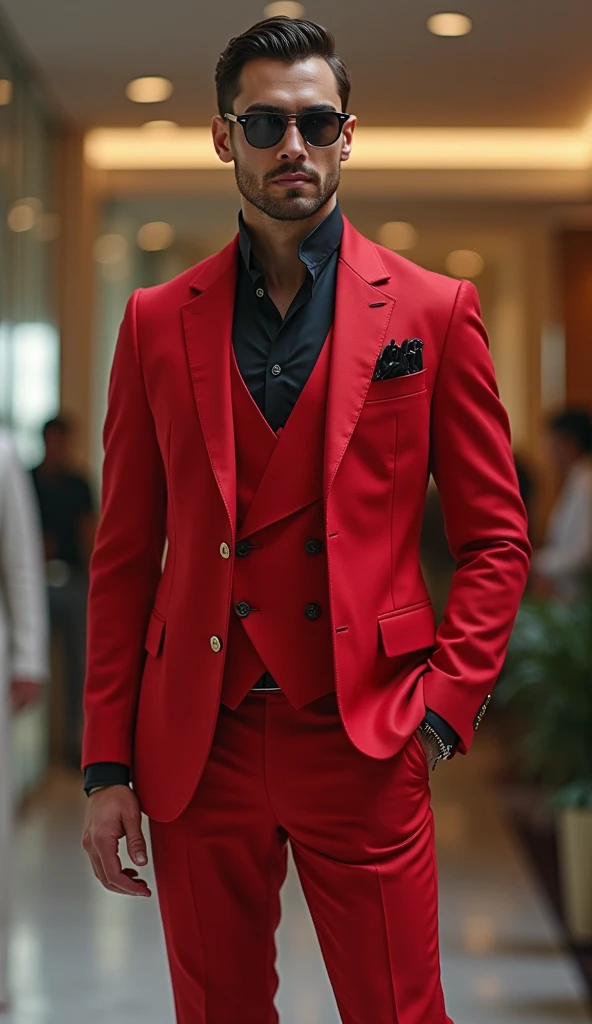 Play a character that is a human, What is the color of clothing red, and wears a suit , 