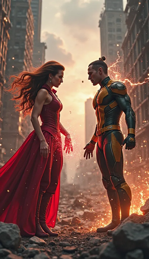 "Scarlet Witch (Wanda Maximoff) from Marvel Studios faces off against Spike, the mutant from X-Men, in an intense battle set in a crumbling, urban environment. The backdrop is a devastated cityscape, with broken skyscrapers, shattered windows, and debris s...