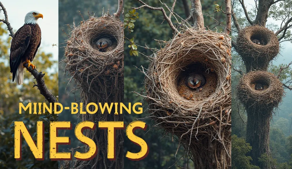 A stunning, hyper-realistic thumbnail featuring a collage of the biggest and most unusual bird nests in the world. The image includes a massive bald eagle nest high in a tree, an intricately woven baya weaver’s nest hanging from branches, and other extraor...