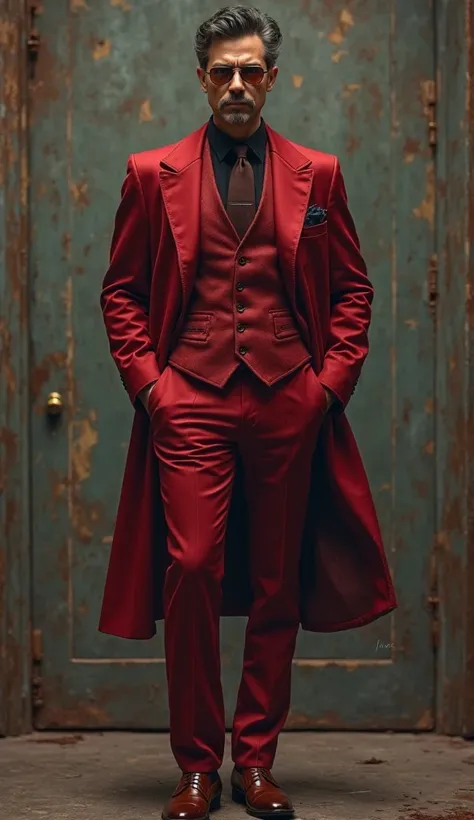 Play a character that is a human, What is the color of clothing red, and wears a suit , Do it as if it was made by hand