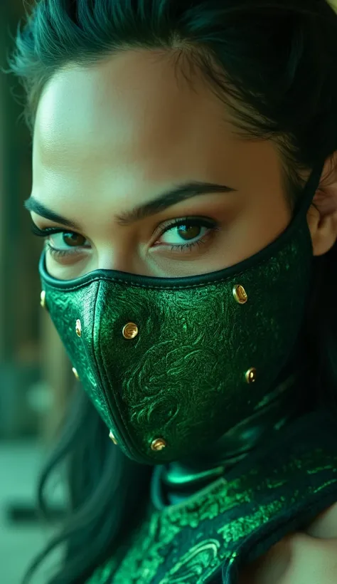  Here is a detailed prompt to generate an image  ** super realistic** by Gal Gadot as **jade**, focused **only on the face**, with a very detailed and shiny metallic green mask, and an impactful background:  

---  
**"Close-up hiper-realista do rosto by G...